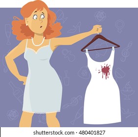 Upset woman looking at a wine stain on a white cocktail dress, EPS 8 vector illustration, no transparencies