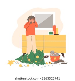 Upset woman looks at naughty cat and knocked over Christmas tree, flat vector illustration isolated on white background. Mischievous pet makes mess. Funny animal with separation anxiety.