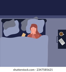 upset woman lying in bed alone and crying, depression mental problem, depressed emotions vector illustration.