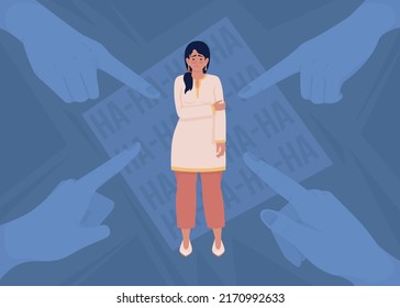 Upset woman and pointing fingers flat color vector illustration. Collective condemnation. Mental health. Fully editable 2D simple cartoon character with inscription on background. Bebas Neue font used