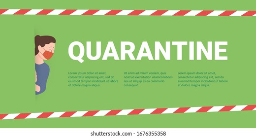 Upset woman protective mask behind tape quarantine. Quarantine ads and sterile masks. Test for determination coronavirus. Healthcare system and contamination world. Infection control.