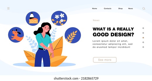Upset woman scratching arms with rashes. Girl with eczema allergic to dogs, dairy, wheat or pollen flat vector illustration. Health, medicine, allergy concept for banner or landing web page