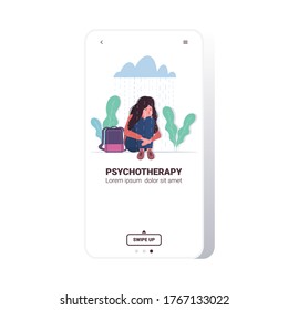 upset woman sitting under rain cloud depression problems stress psychotherapy concept smartphone screen full length copy space vector illustration