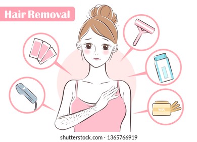 upset woman with some cute cartoon tools about hair removal 