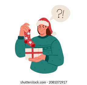 Upset Woman In Sweater And Santa Claus Opening Christmas Present And Pulls Out A Sock.Woman Is Not Happy With Bad Gift.Vector Flat Illustration.