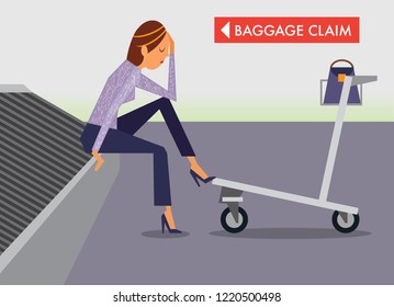 Upset woman waiting at luggage carousel for baggage lost by airline