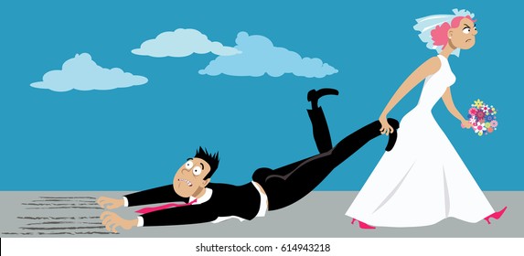 Upset woman in a wedding dress dragging a reluctant groom who is suffering from a fear of commitment, EPS 8 vector illustration