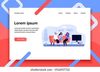 Upset women watching sad movie. Senior and young ladies sitting on couch at TV and crying flat vector illustration. Leisure time with family concept for banner, website design or landing web page