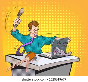 Upset young businessmen using hammer to smash things on his desk. Pop art retro comic style illustration.