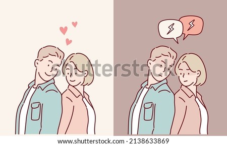 Upset young couple. Happy young couple. Hand drawn style vector design illustrations.