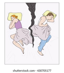 Upset young couple having marital problems or a disagreement lying side by side in bed facing in opposite directions ignoring one another.  vector illustration