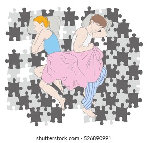 Upset young couple having marital problems or a disagreement lying side by side in bed facing in opposite directions ignoring one another. on the background the puzzle. vector illustration