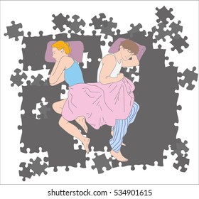 Upset young couple having marital problems or a disagreement lying side by side in bed facing in opposite directions ignoring one another. vector illustration