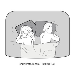 Upset young couple having marital problems or a disagreement lying side by side in bed facing in opposite directions ignoring one another. vector illustration