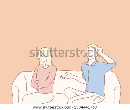 Upset Young Couple Sitting On Sofa At Home. Hand drawn style vector design illustrations.