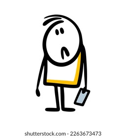 Upset young man  hand drawn in doodle style holds smartphone in depression. Vector illustration of boy with sad look.