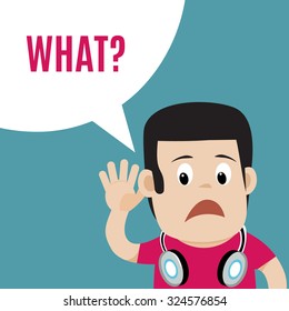 Upset young man with hearing problems. Hearing impaired guy with headphones holding his hand behind his ear. Vector illustration of hearing loss. Flat design, cartoon style.