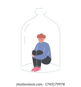 Upset Young Man Sitting under Glass Dome Vector Illustration