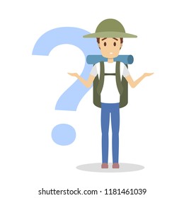 Upset young man standing at the question mark without map. Tourist with bag is lost. Isolated flat vector illustration