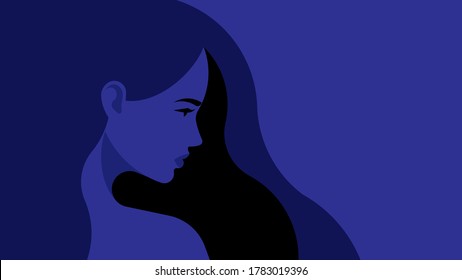 Upset young woman is crying on a blue background. Side view Portrait. Sad woman experiencing stress, anxiety, fear, separation. Vector illustration of human character. Emotional concept.