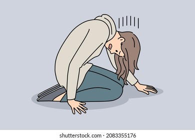 Upset young woman kneel down suffer from depression. Unhappy girl feel stressed broken struggle with psychological or mental illness. Healthcare, anxiety and panic. Flat vector illustration.