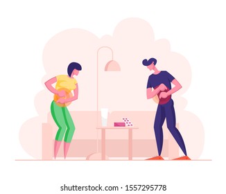 Upset Young Woman And Man Feeling Abdominal Pain. People Suffering Of Ache Or Spasm In Stomach Holding Belly At Home With Pills On Table. Digestive Tract Indigestion. Cartoon Flat Vector Illustration