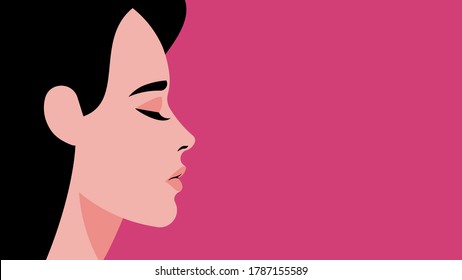 Upset young woman on a pink background. Side view Portrait. Sad woman experiencing stress, anxiety, fear, separation. Vector illustration of human character. Emotional concept.