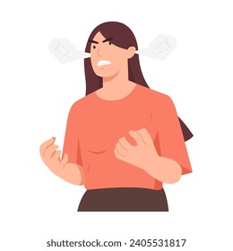 Upset young woman reveals anger. Screaming and shouting in an aggressive manner. Flat vector