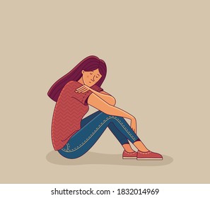 Upset young woman sitting on color background.  Anxiety, loneliness, depression, mental disorder,  and psychotherapy concept  flat illustration. Vector cartoon female character