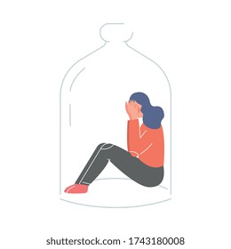 Upset Young Woman Sitting under Glass Dome, Depression, Loneliness Vector Illustration