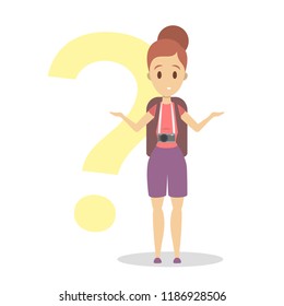 Upset young woman standing at the question mark without map. Tourist with bag and camera is lost. Isolated flat vector illustration