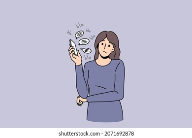 Upset young woman talk on cellphone feel bored by online communication, say blah blah in bubble. Unhappy girl annoyed bothered with smartphone conversation or call. Flat vector illustration. 