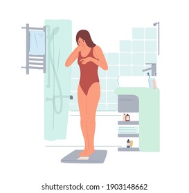 Upset young woman weighing on scales and shocked about her weight. Unhappy female character disappointed with extra pounds or kilos. Colorful flat vector illustration isolated on white background