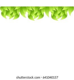 Upside border of big green leaves. Floral frame on white background. Summer border. Vector illustration.