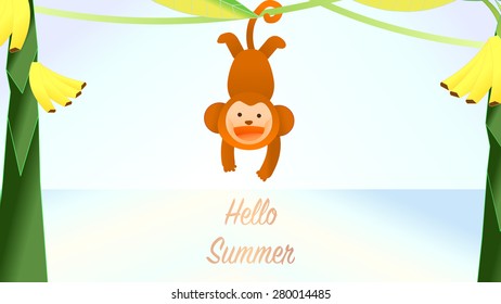 An upside down cartoon monkey animal character use its tail hanging from a vine and swing happily illustration. Banana tree vector. Template for summer greeting cards. Tropical island nature landscape