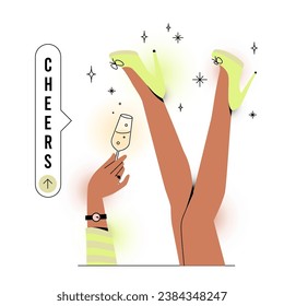 Upside down cheers poster. Champagne wine glass in woman's hand in womans legs up. Celebration funny card or banner design. Vector with editable stroke illustration.