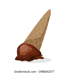 Upside down chocolate ice cream,ground with ice cream cone on top.Vector illustration isolated on white.Vector illustration isolated on white.