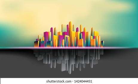 Upside down city, colorful and gray building. Copy space for text editing. EPS10, VECTOR, Illustration. Size ratio 1920x1080 px.