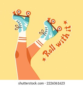 Upside down girl's legs wearing retro roller skates and socks. Vector illustration of a woman enjoying a 70s or 80s style hobby. Roller disco concept.