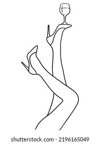 Upside down high heel legs holding glass of wine. Balance concept. Sketch of long woman's legs