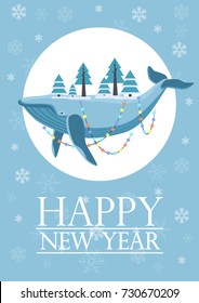 Upside down huge fish lying whale with trees decorated with garland on New Year vector greeting card.