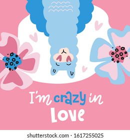 Upside down Llama, blue fluffy alpaca vector graphic illustration, isolated on pink background with big flowers. Llama head with love heart eyes. i'm crazy in love - lettering valentine's quote.