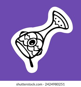 Upside down medieval wineglass with spilling blood drop outline art. Overturned Halloween goblet, decorated old cup with magic wine. Fantasy vessel contour. Handdrawn isolated vector illustration