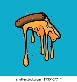 Upside down pizza with melting cheese. Delicious food with melting topping. Food vector concept illustration