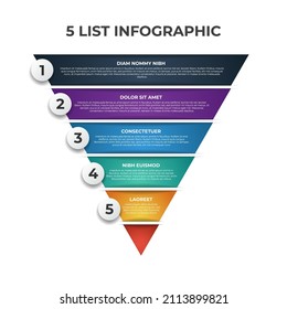 upside down pyramid infographic element with 5 list, options, levels, layout template for presentation, social media post, brochure, flyer, etc.