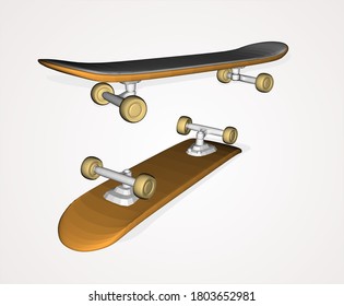 
Upside down skateboard with 3D perspective view above and below. Realistic style design. isolated on a white background