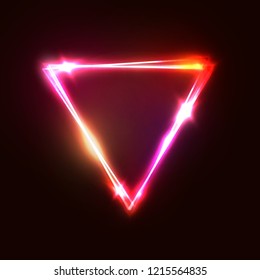 Upside down triangle background. Neon sign vector illustration. Pink red yellow romantic glamour backdrop with blank space for text. Glowing shining triangle design for banner flyer brochure template.
