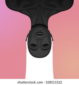 Upside down vector beauty Woman with black Skin and white long Hair. Pink Background. Fashion art Illustration.