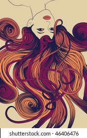 Upside down woman's face with long detailed flowing hair