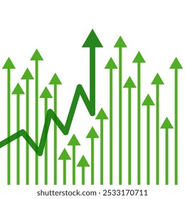 Flechas al revés. Flechas verdes que suben de bajo a alto beneficio Estadísticas concepto de crecimiento empresarial Ilustración vectorial